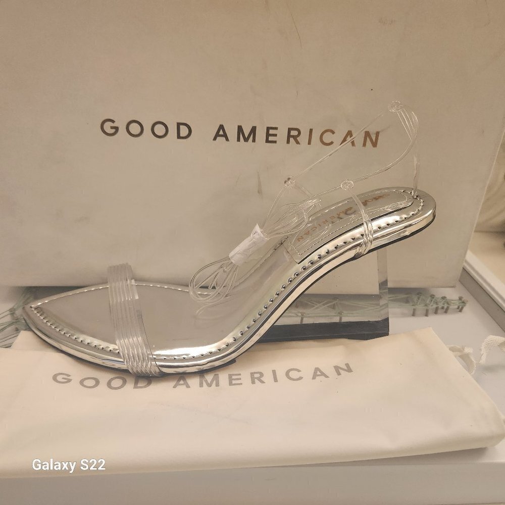 Good American Metallic Silver Clear Sandals
